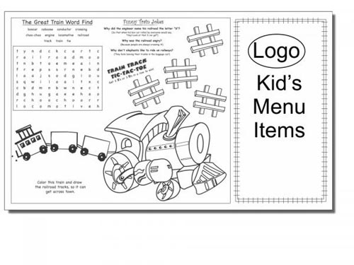 Great Train Ride Children's Placemats, 8 1/2 X 14 with a customizable area on back.