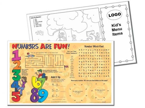Cargo of Fun 4 Pack children's placemats with do-it-yourself area for printing kids menu. 100 of...