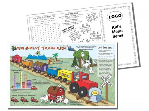 Cargo of Fun 4 Pack children's placemats with do-it-yourself area for printing kids menu. 100 of...