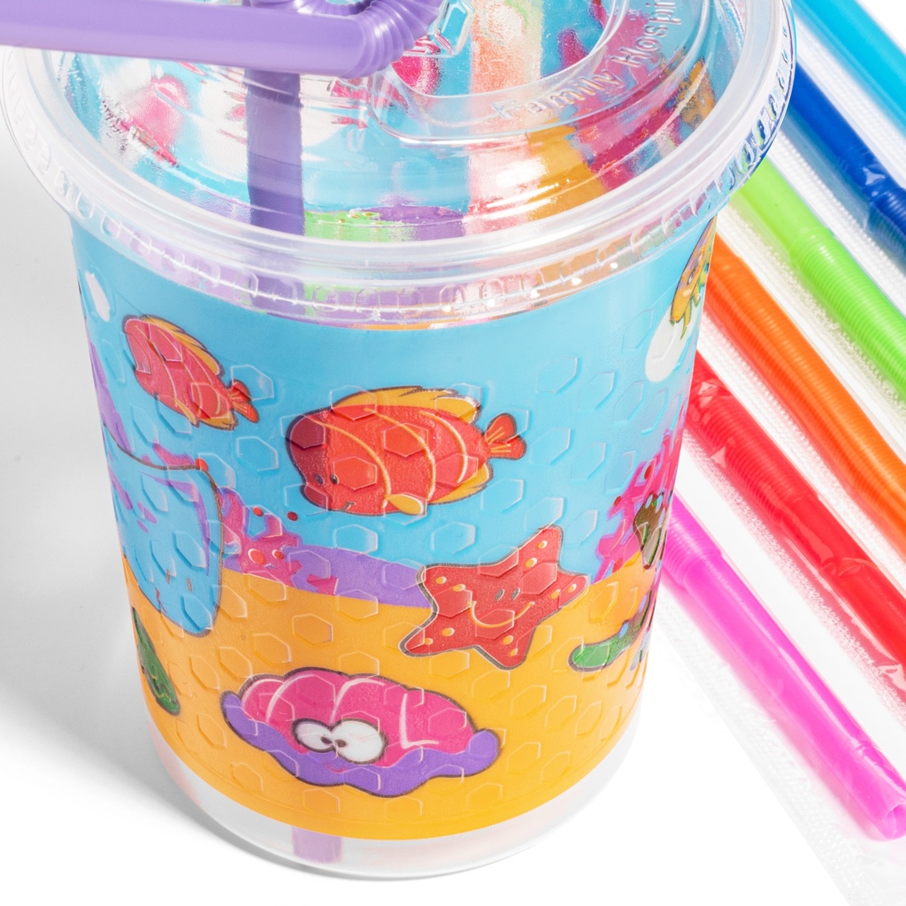 12oz Kids Cups, Thermoformed, with Lids and Straws - Sea Theme