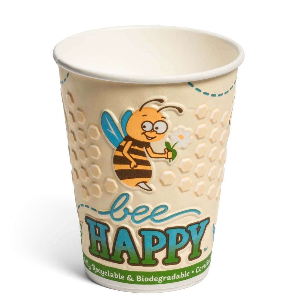 12oz Insulated(DW) Embossed Home-Compostable Paper Hot Cups, Bee Happy design (500pk)