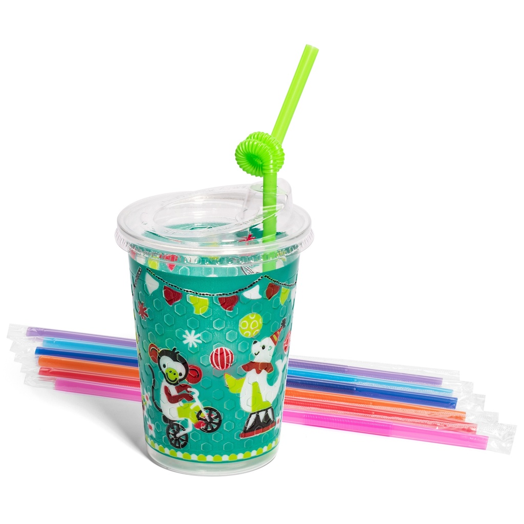12oz Kids Cups, Thermoformed, with Lids and Straws - Circus Theme, Retail Carton (250 kits)