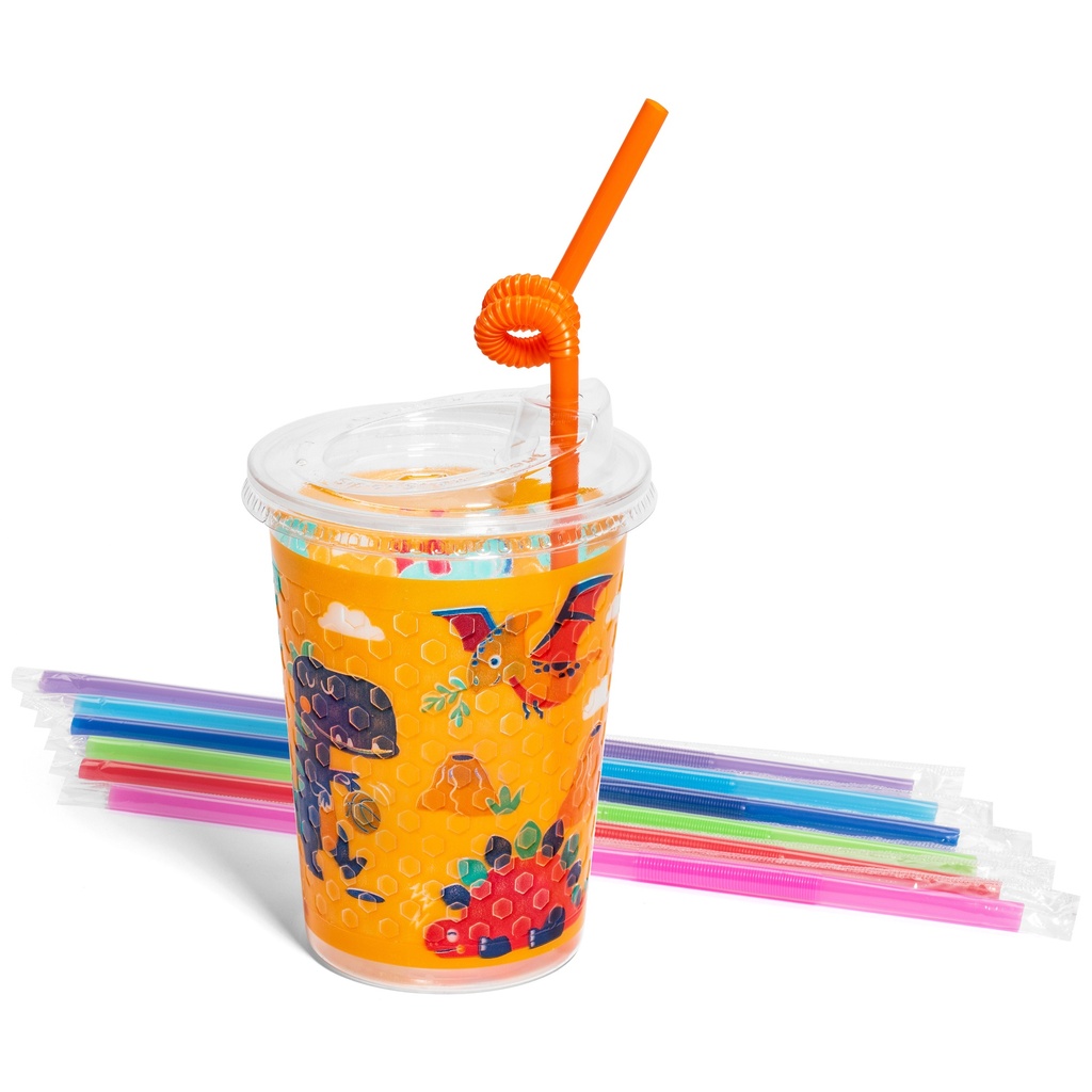 12oz Kids Cups, Thermoformed, with Lids and Straws - Dinosaur Theme (250 kits)