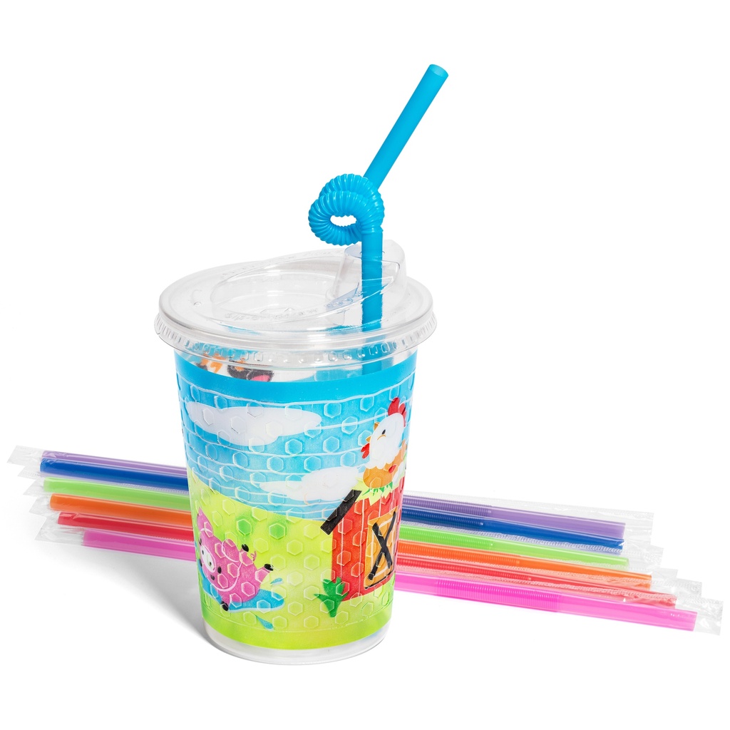 12oz Kids Cups, Thermoformed, with Lids and Straws - Farm Theme (250 kits)