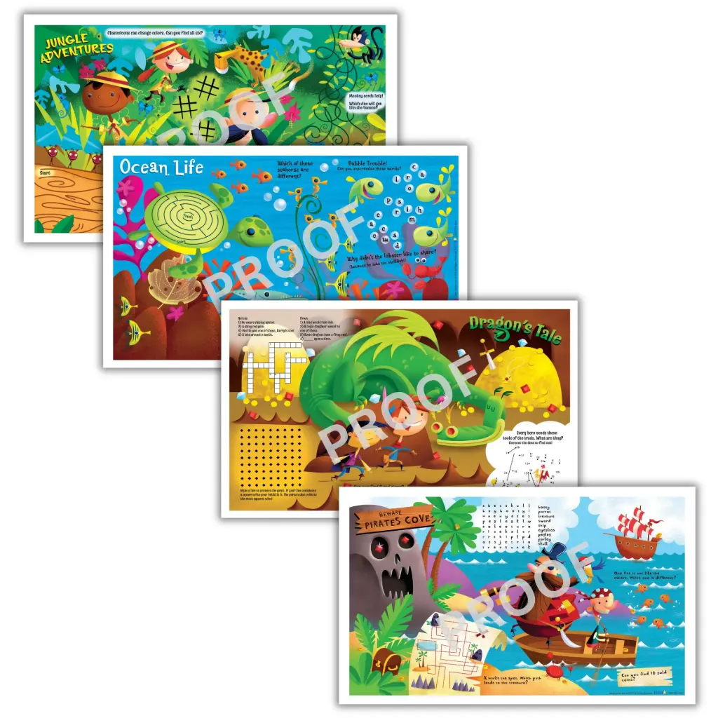 Adventure Pack variety pack children's placemats, 8.5x14in (400pk)