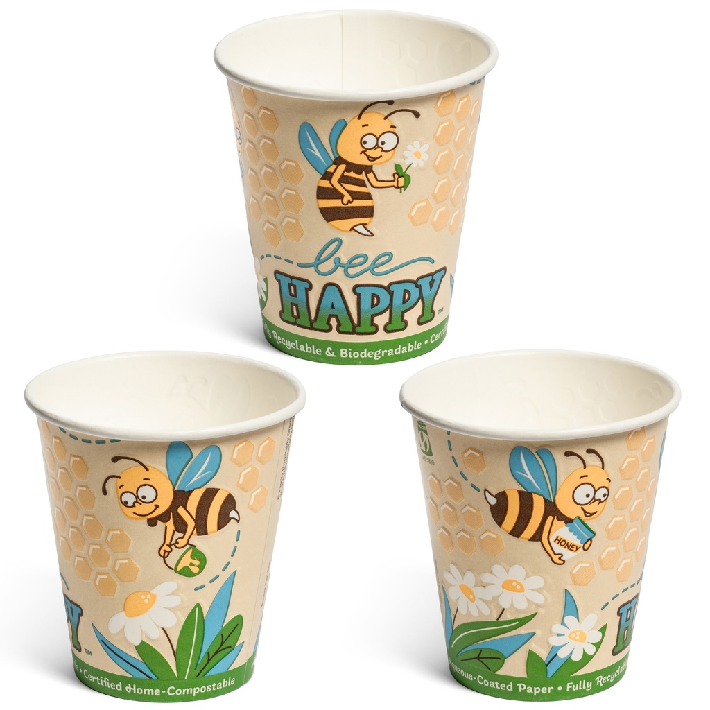 12oz Insulated(DW) Embossed Home-Compostable Paper Hot/Cold Cups, Bee Happy design (500 pcs)
