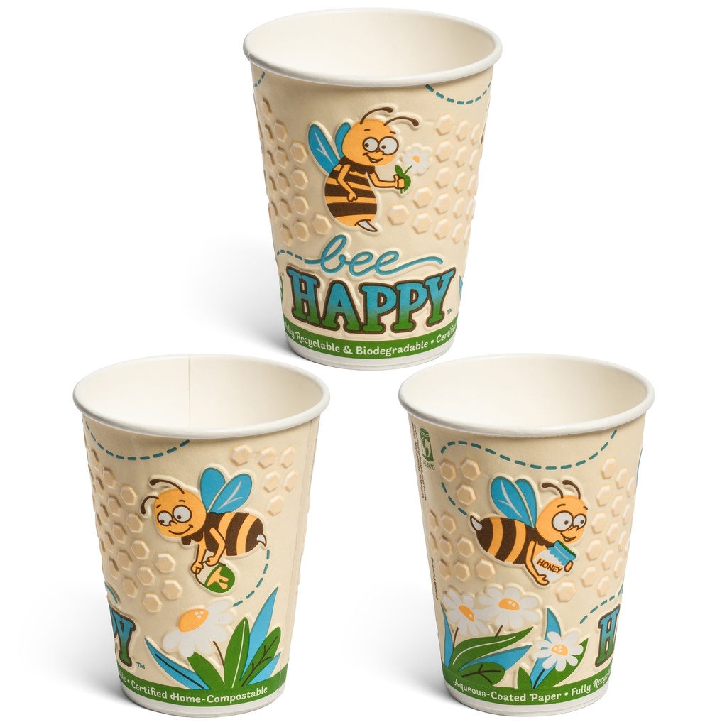 12oz Insulated(DW) Embossed Home-Compostable Paper Hot Cups, Bee Happy design (500 pcs)