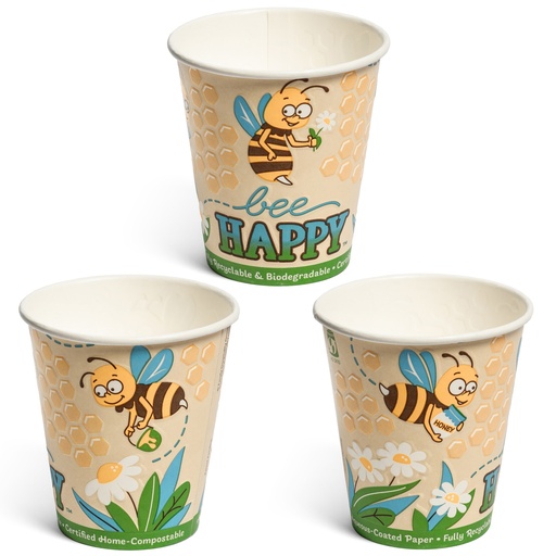 [572DACPM-BEE1] 12oz Insulated(DW) Embossed Home-Compostable Paper Hot/Cold Cups, Bee Happy design (500 pcs)