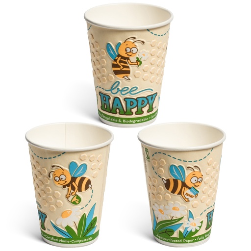 [562DACPM-BEE1] 12oz Insulated(DW) Embossed Home-Compostable Paper Hot Cups, Bee Happy design (500pk)