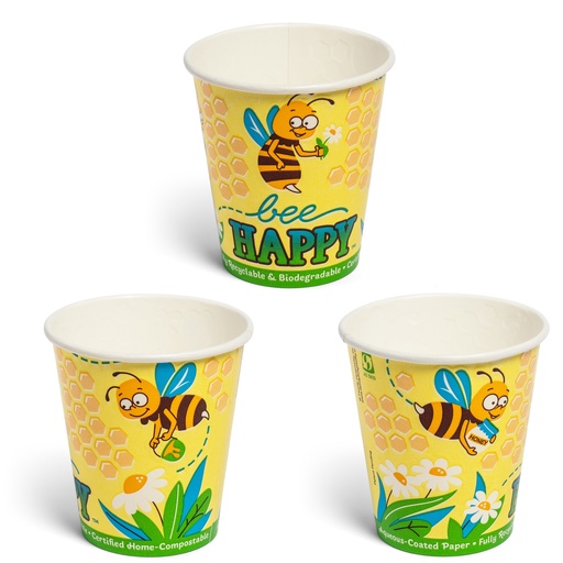[552SACPM-BEE1] 12oz Single-Wall Embossed Home-Compostable Paper Cups, Hot/Cold, Bee Happy design (500 pcs)